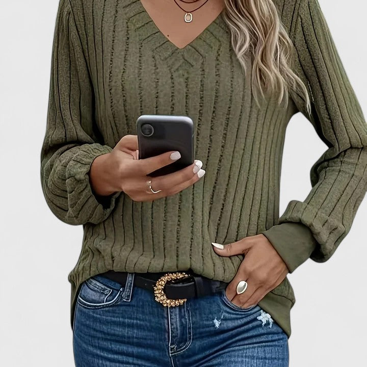 Lowri | Ribbed V-Neck Balloon Sleeve Sweater