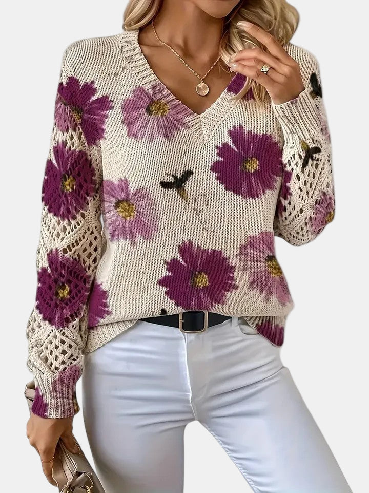Bronte | Floral Crochet Sleeve V-Neck Sweater