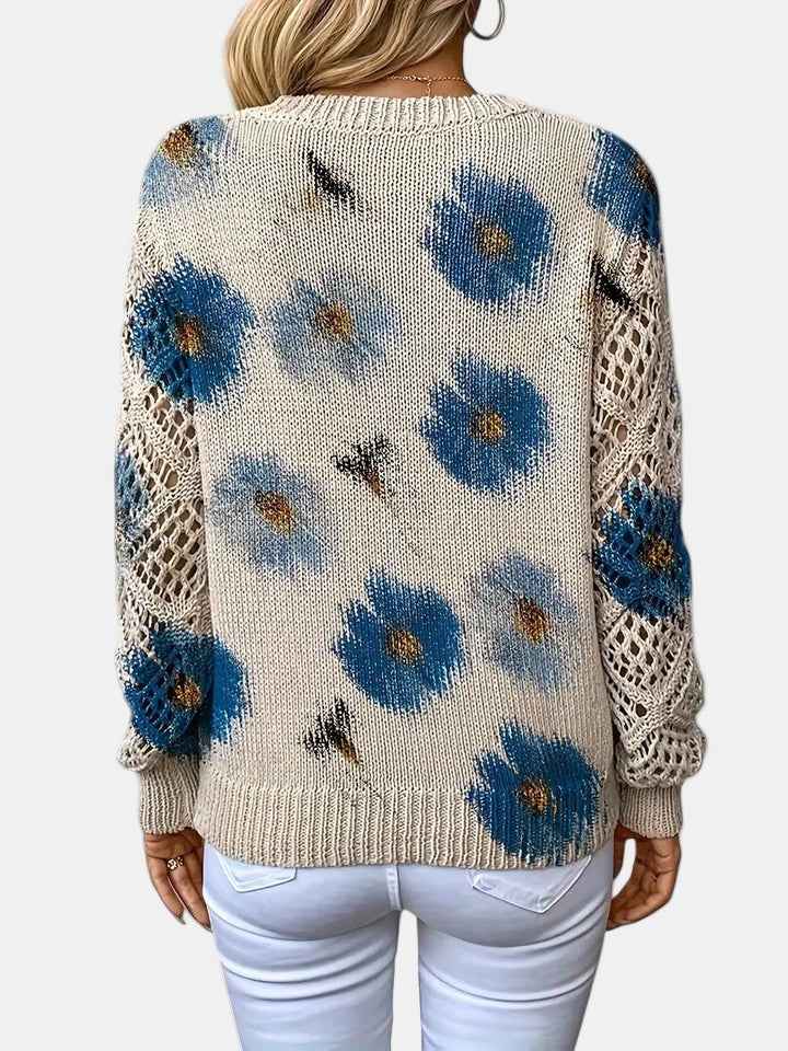 Bronte | Floral Crochet Sleeve V-Neck Sweater