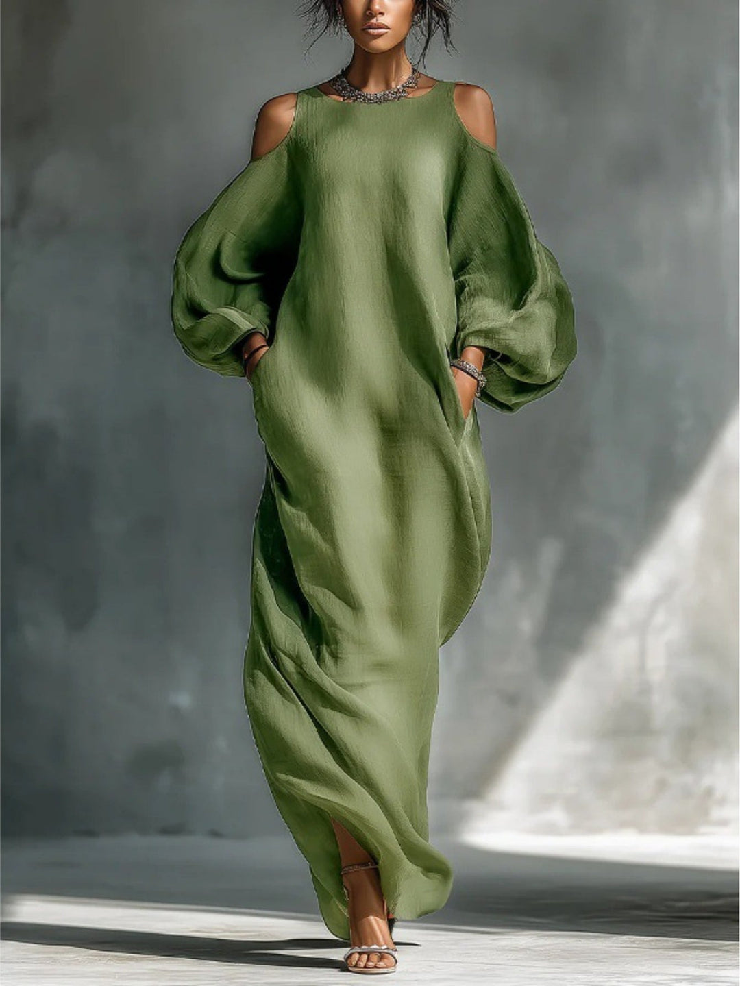 Green Chiffon Off Shoulder Short Sleeve Midi Dress