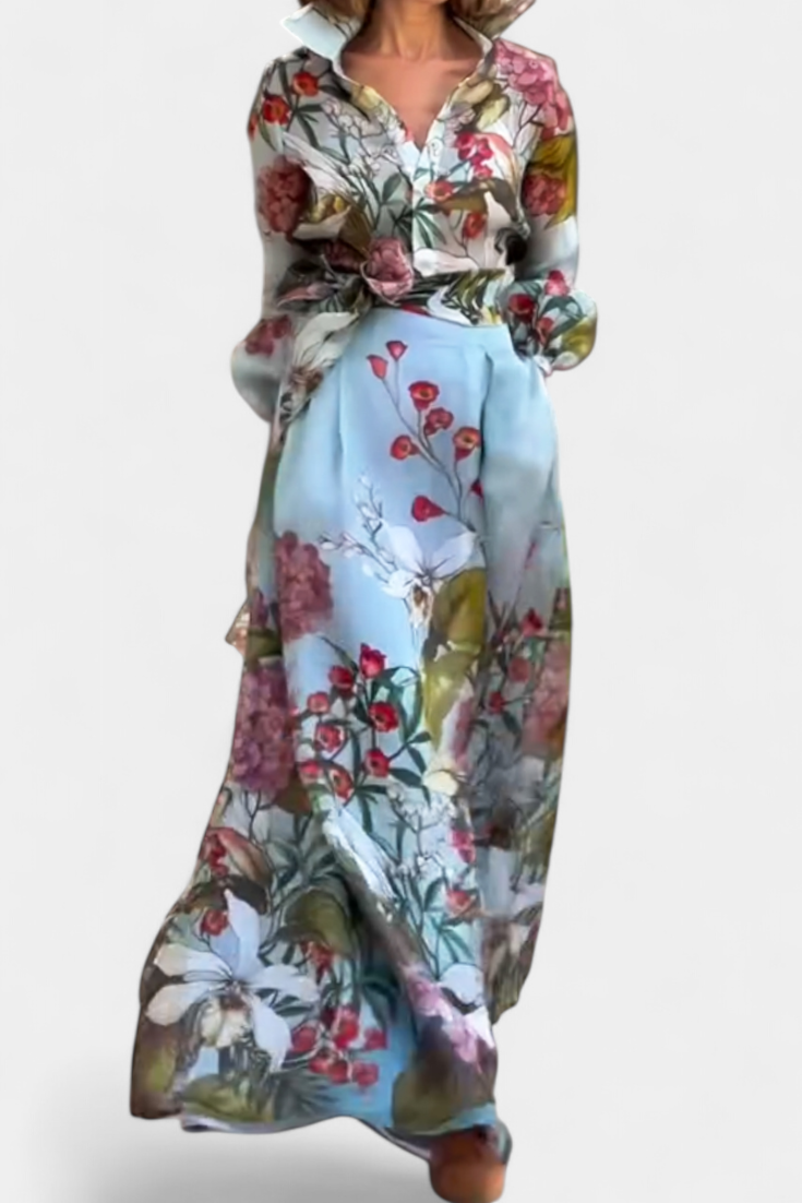 Sanne Botanical Print Ensemble: Belted Shirt and Palazzo Pants