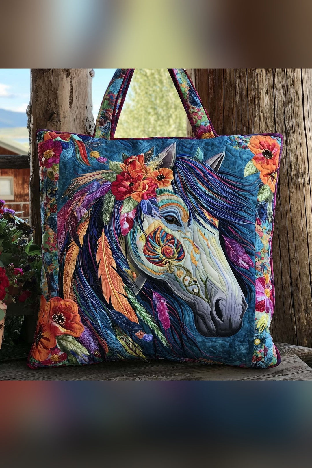 Elfrida™ | Boho Horse & Feathers Quilted Tote Bag