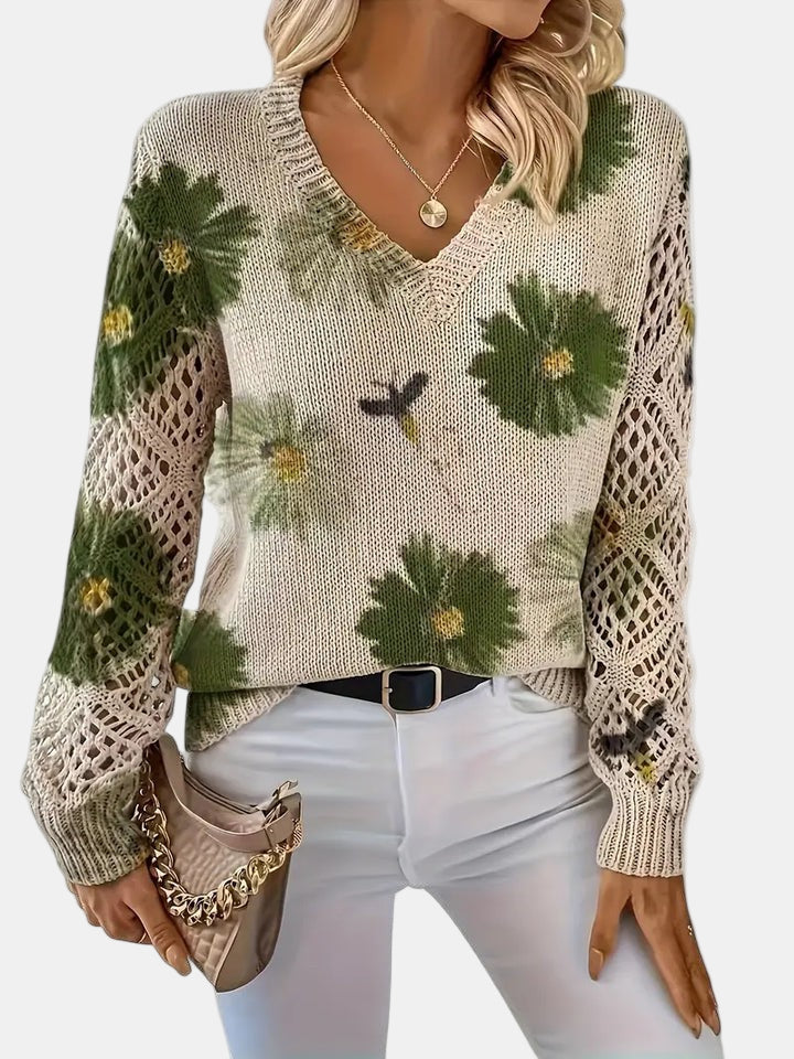 Bronte | Floral Crochet Sleeve V-Neck Sweater