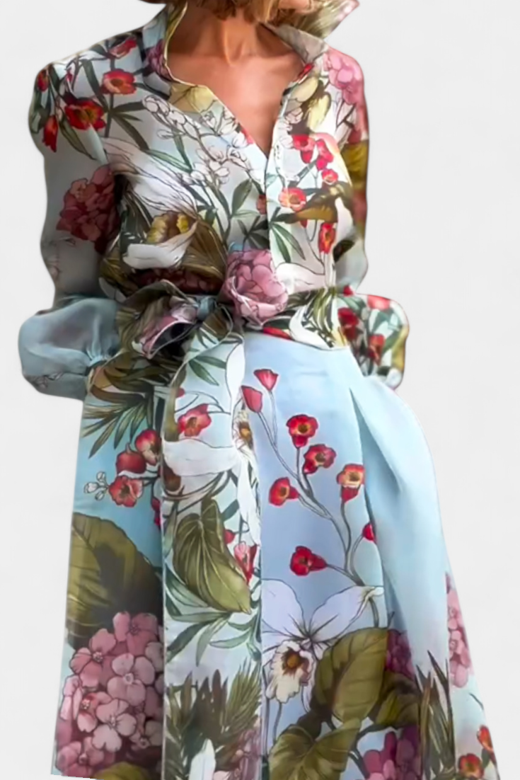 Sanne Botanical Print Ensemble: Belted Shirt and Palazzo Pants