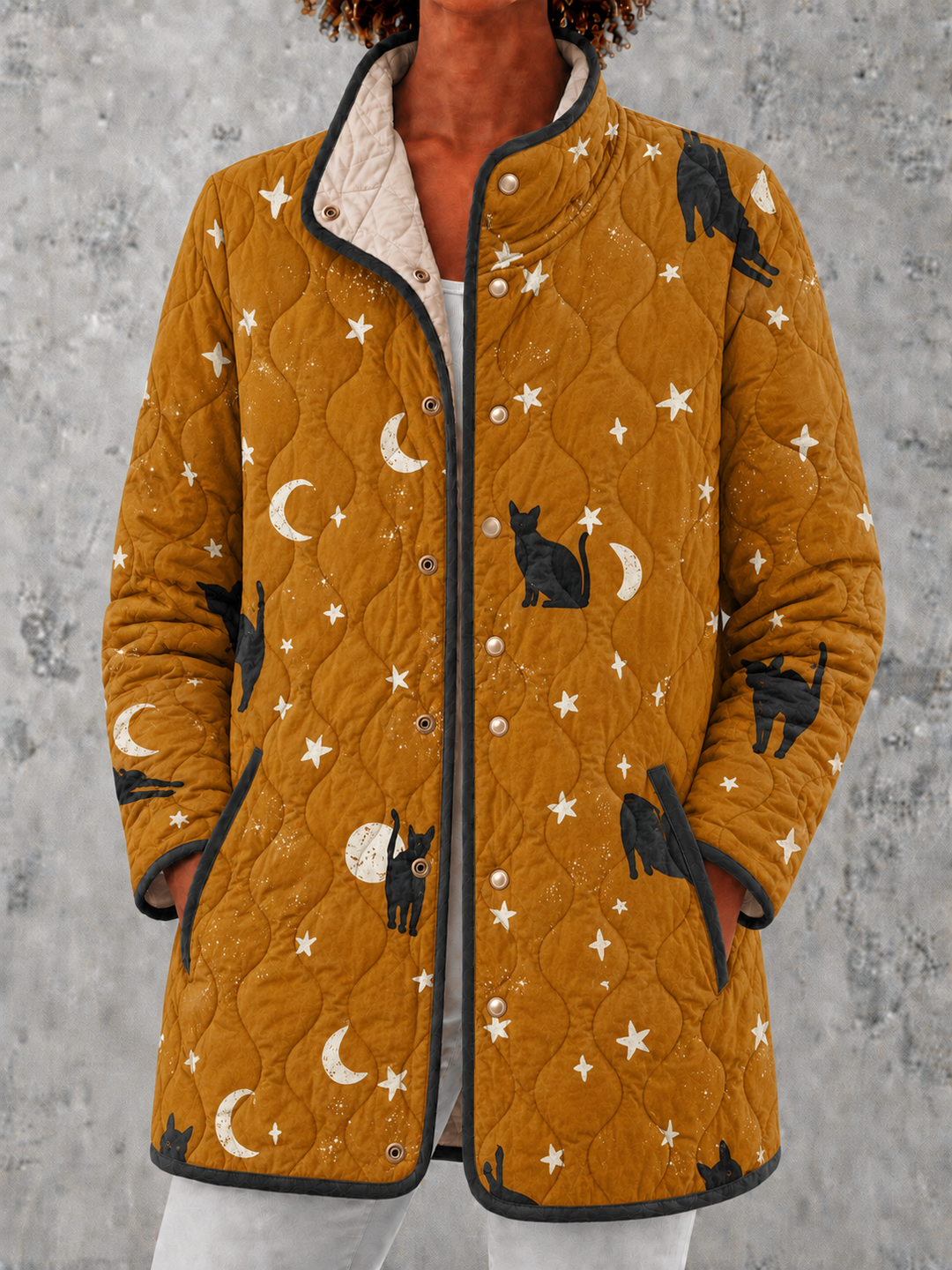 Eira | Casual Black Cat Halloween Print Quilted Jacket
