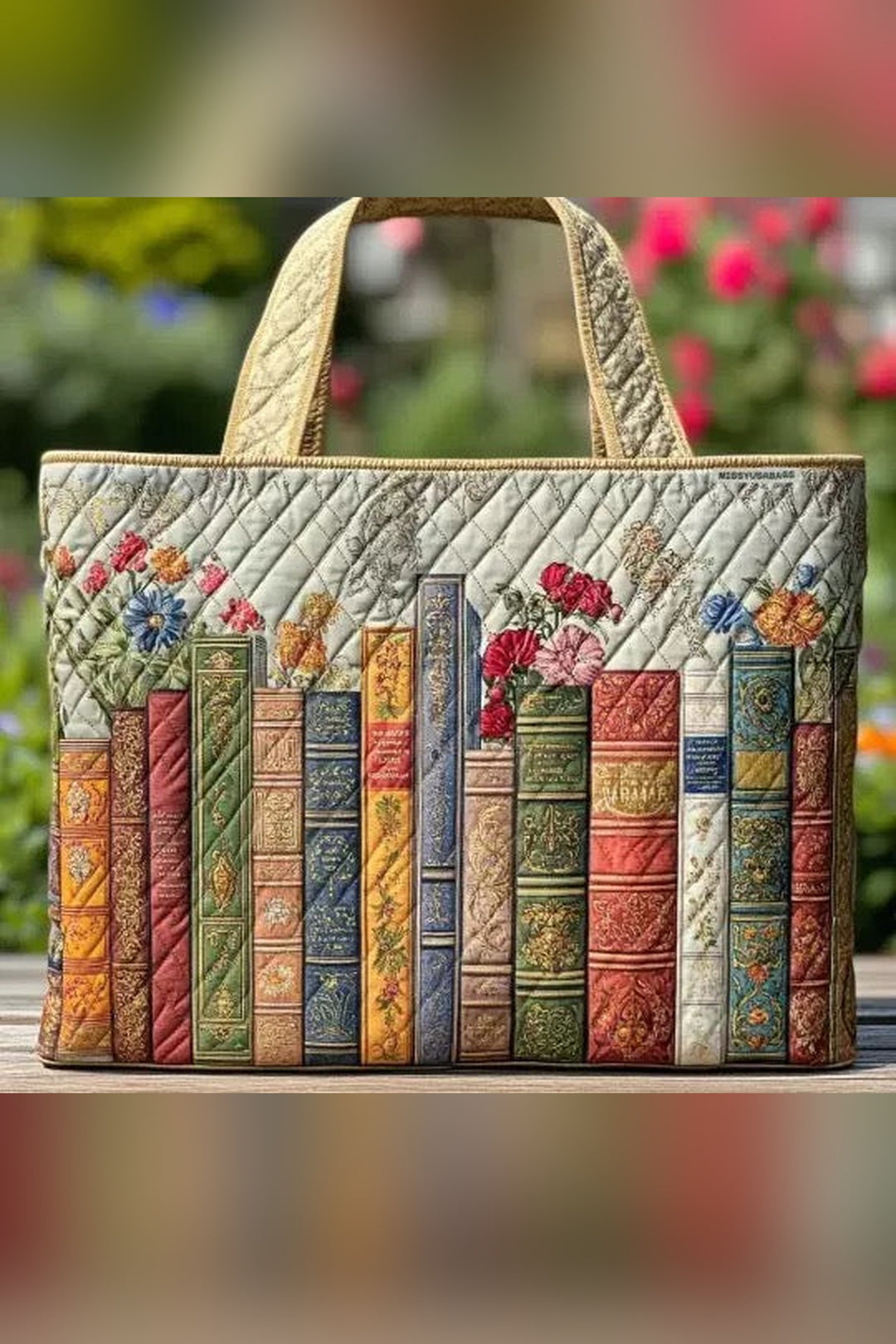 Faustine™ | Book Spines & Wildflowers Quilted Tote Bag