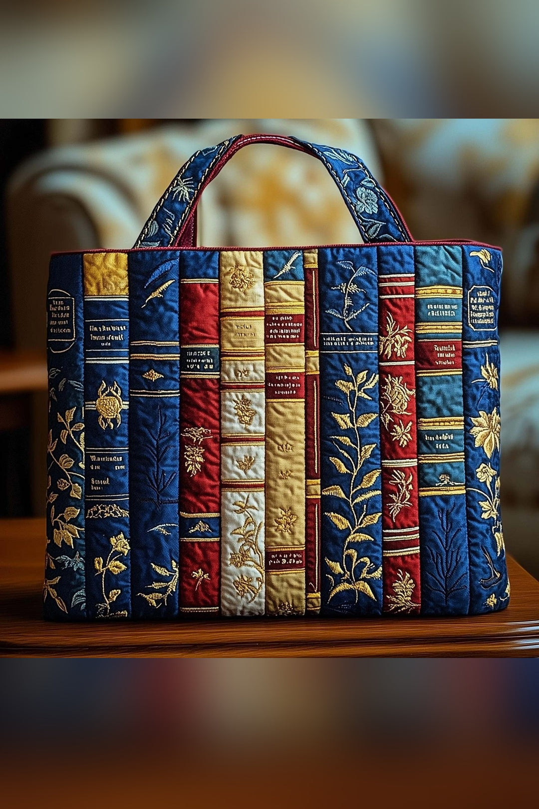 Fidelia™ | Floral Book Spines Navy Quilted Tote Bag