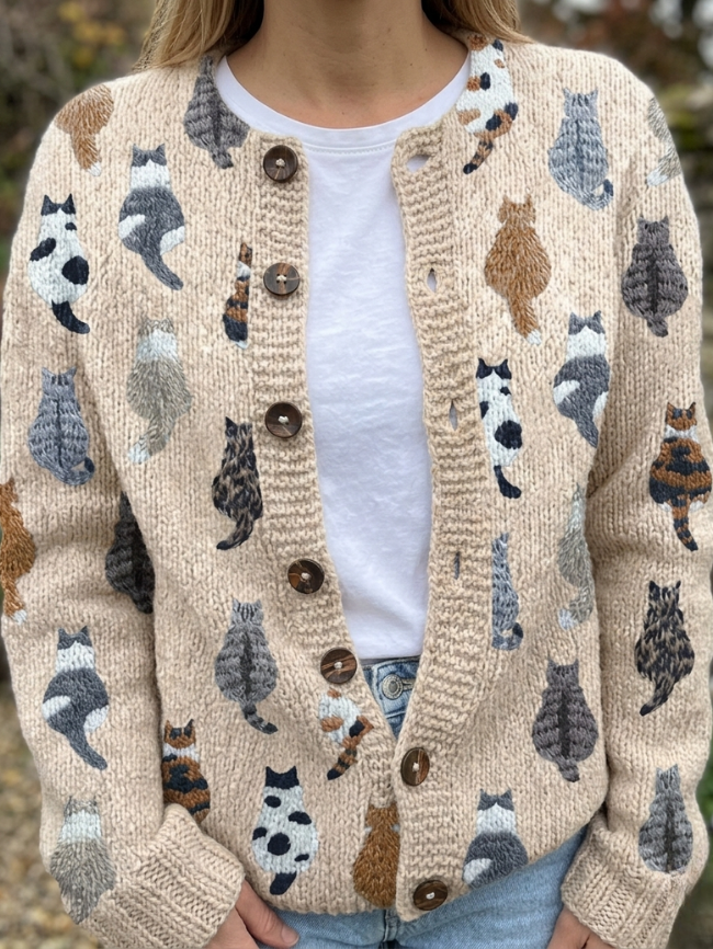 Corisande | Cosy Cat Print Knit Cardigan