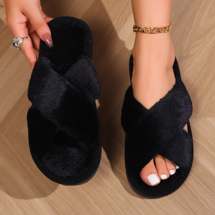 Gwawr | Faux Fur Cross-Strap Slippers