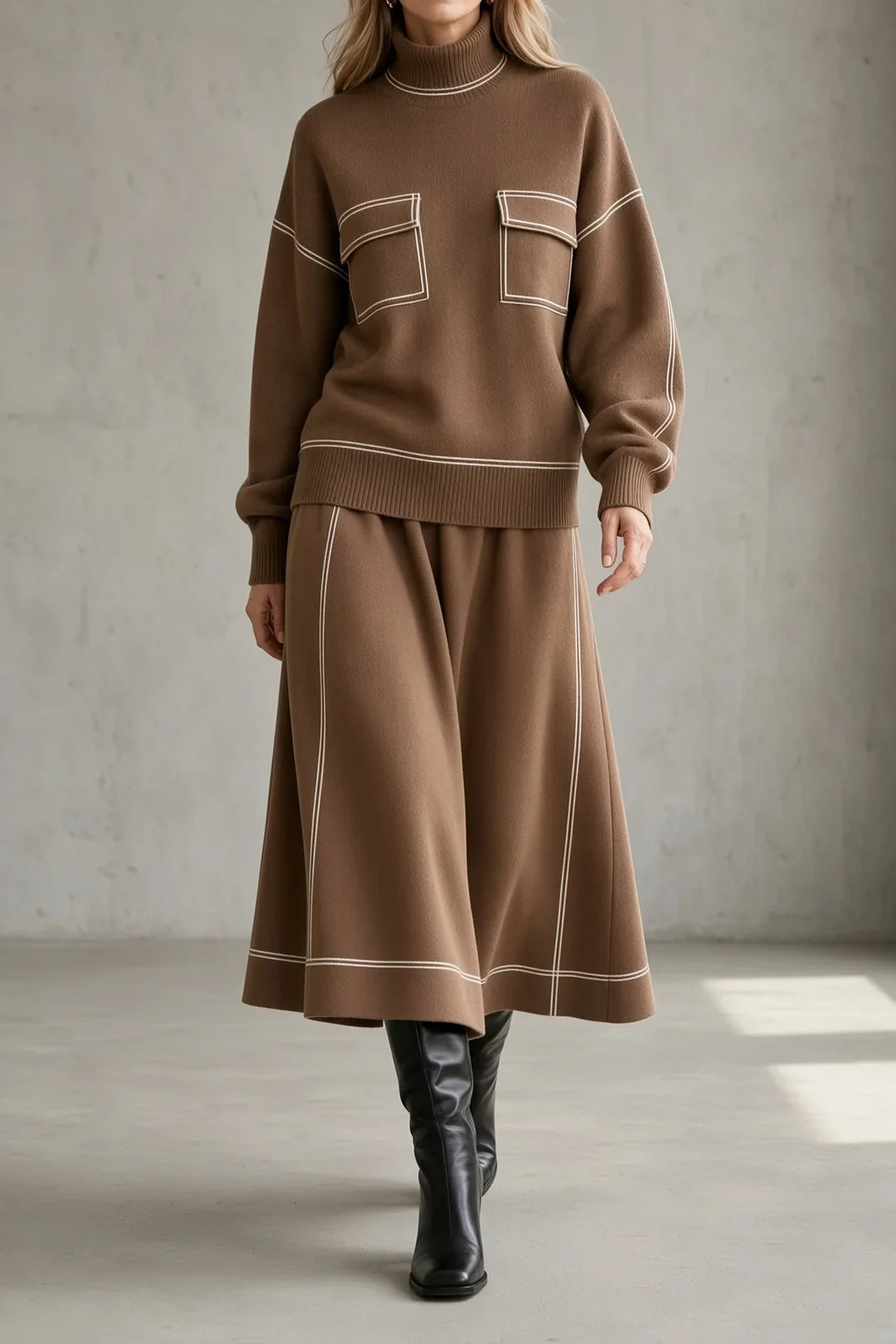 Oona | Contrast Stitch Knit Top and Skirt Set