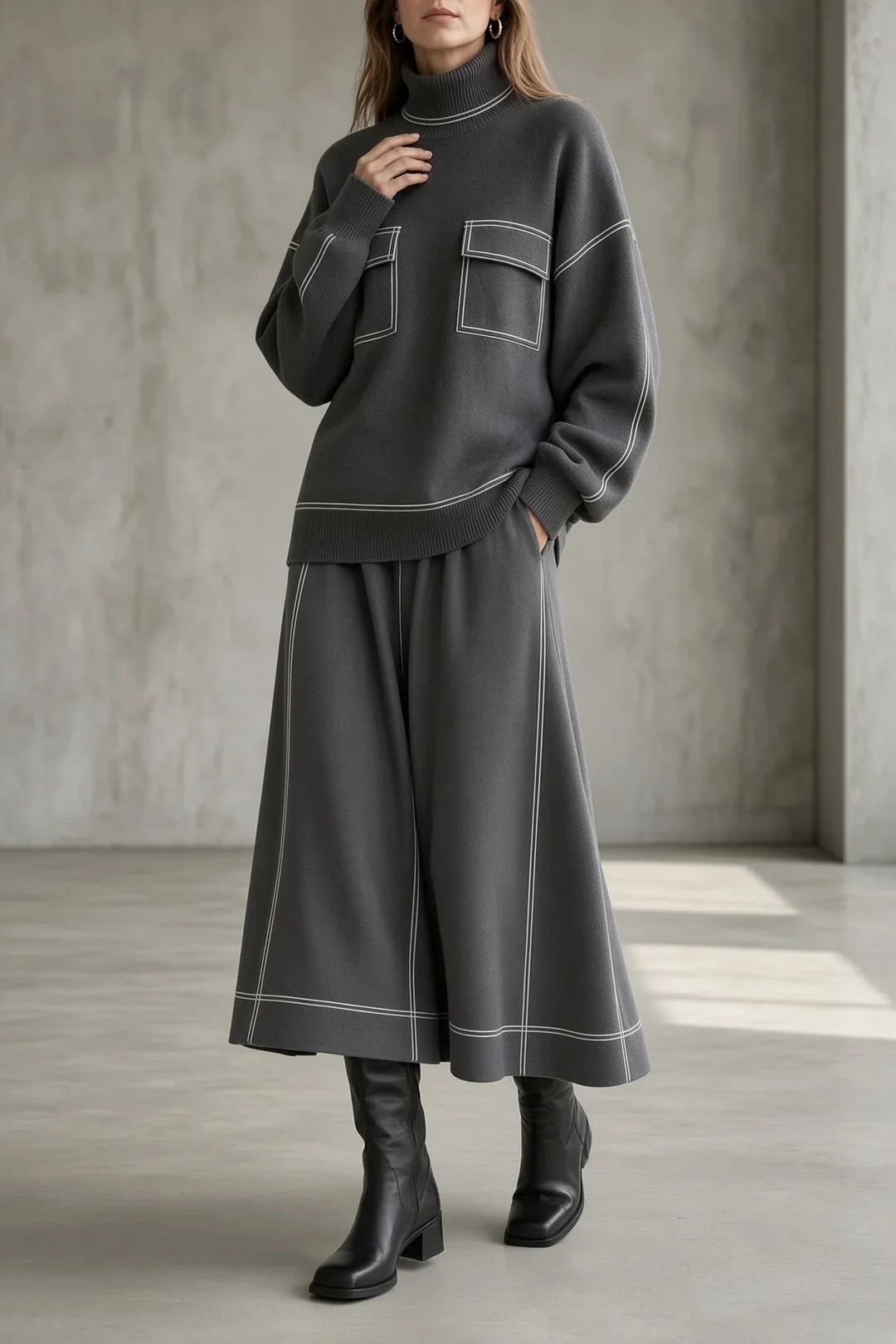 Oona | Contrast Stitch Knit Top and Skirt Set