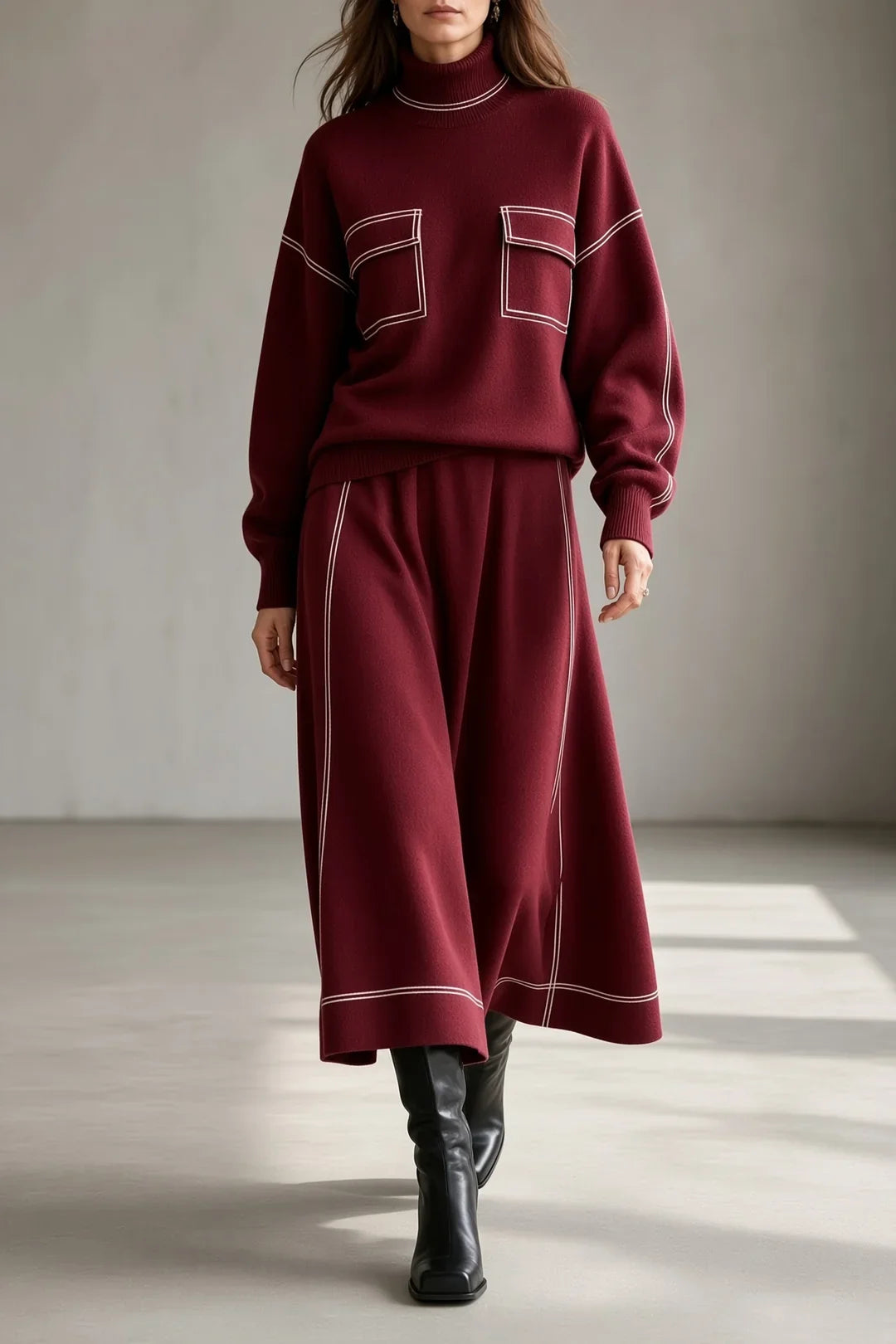 Oona | Contrast Stitch Knit Top and Skirt Set