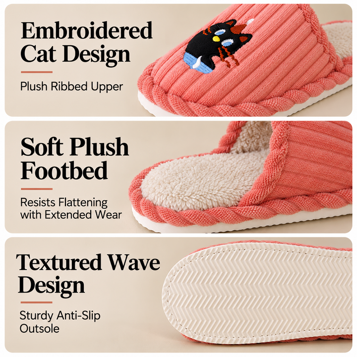 Melangell | Embroidered Cat Corduroy Slippers