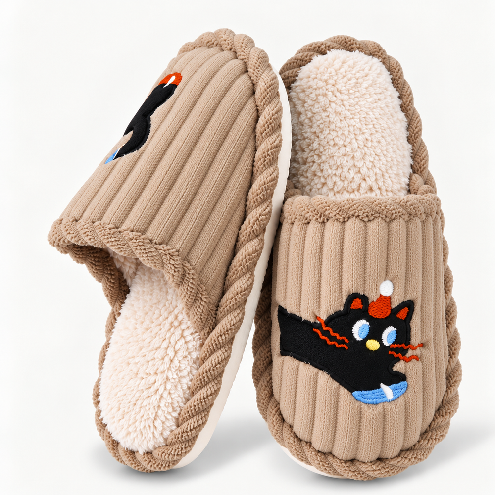 Melangell | Embroidered Cat Corduroy Slippers
