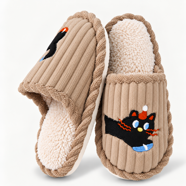 Melangell | Embroidered Cat Corduroy Slippers