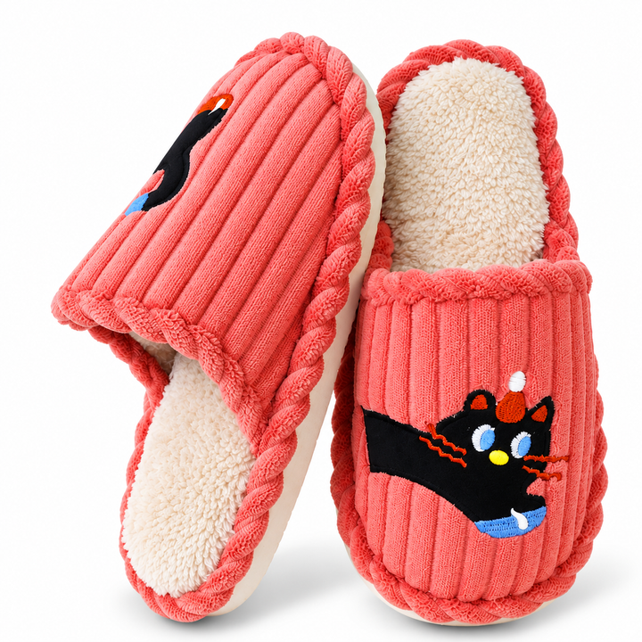 Melangell | Embroidered Cat Corduroy Slippers
