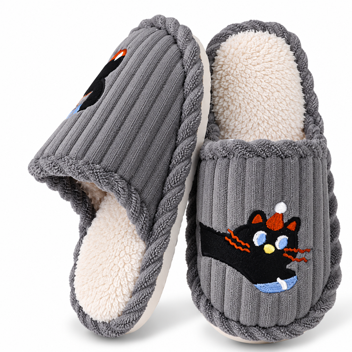 Melangell | Embroidered Cat Corduroy Slippers