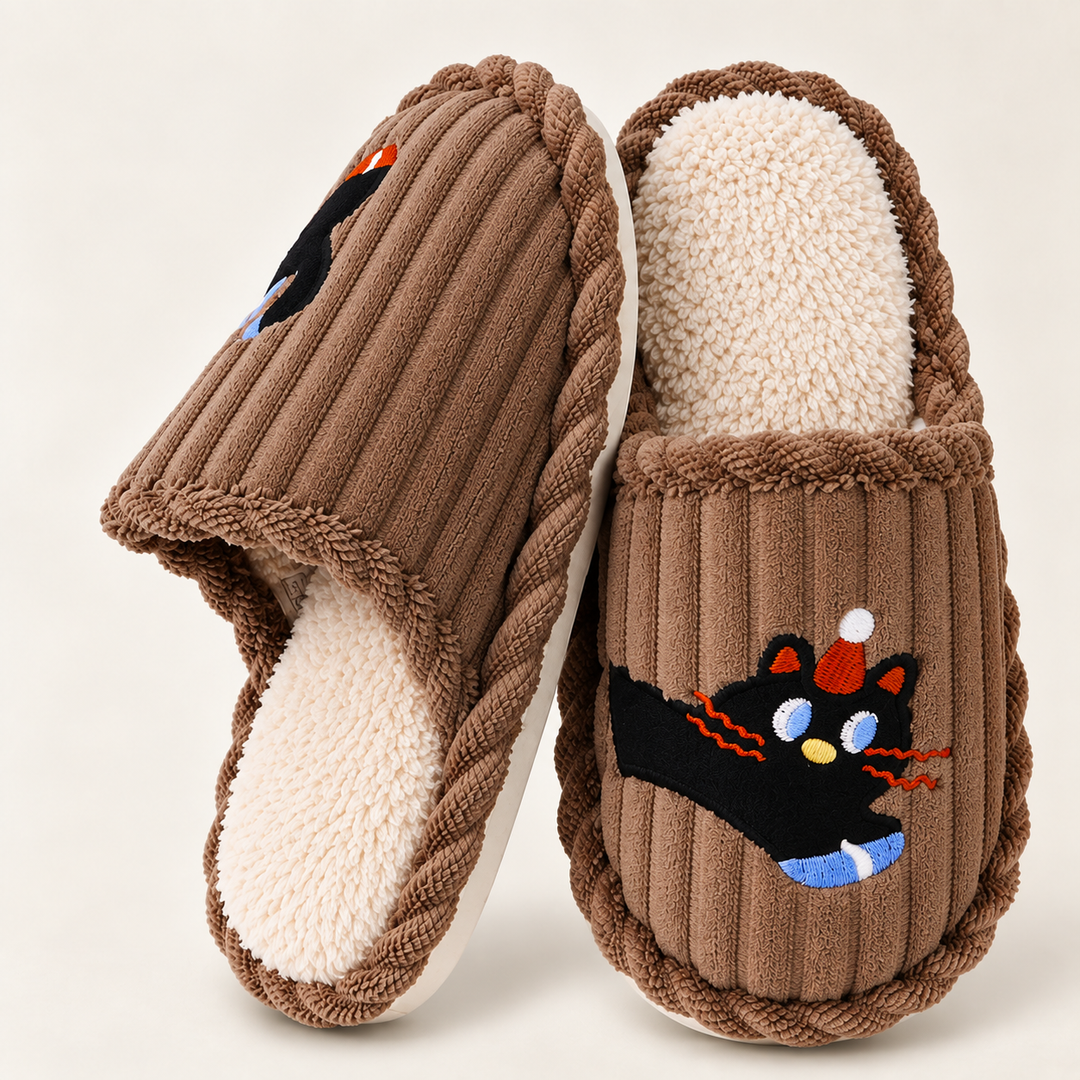 Melangell | Embroidered Cat Corduroy Slippers