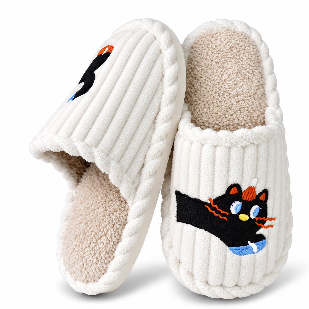 Melangell | Embroidered Cat Corduroy Slippers