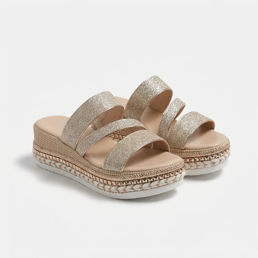 Stylish Women's Gold Platform Sandals with Buckle and Braided Edge