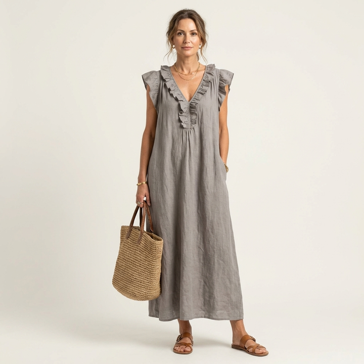 Roselia | Ruffle V-Neck Linen Maxi Dress