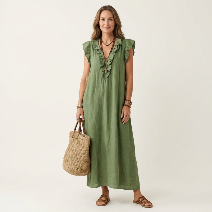 Roselia | Ruffle V-Neck Linen Maxi Dress