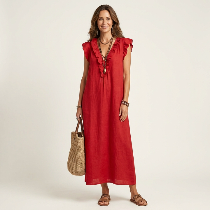 Roselia | Ruffle V-Neck Linen Maxi Dress