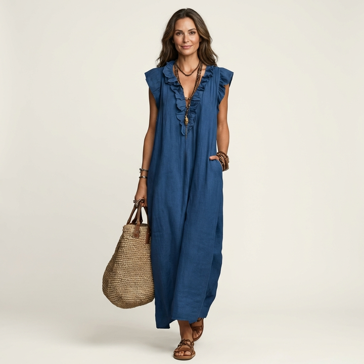 Roselia | Ruffle V-Neck Linen Maxi Dress
