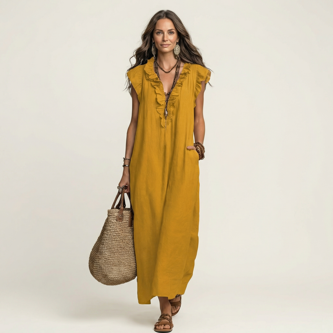 Roselia | Ruffle V-Neck Linen Maxi Dress