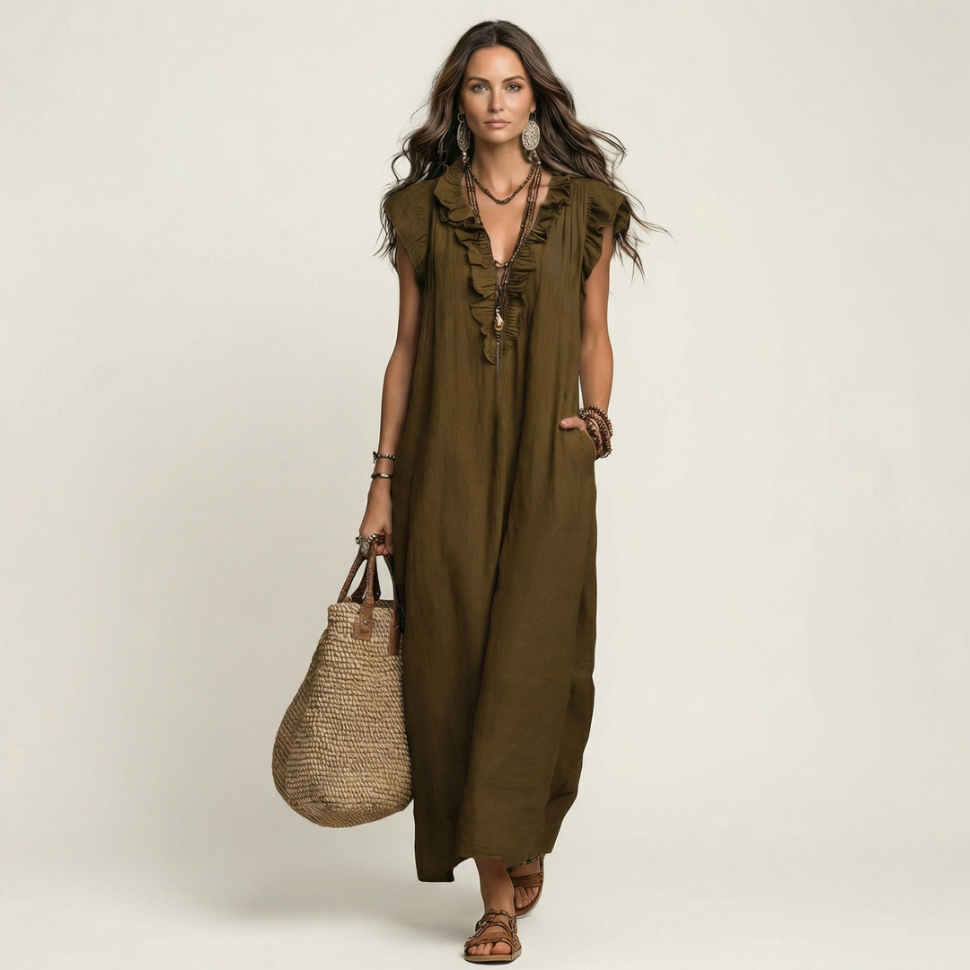 Roselia | Ruffle V-Neck Linen Maxi Dress