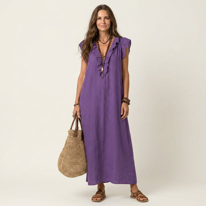 Roselia | Ruffle V-Neck Linen Maxi Dress