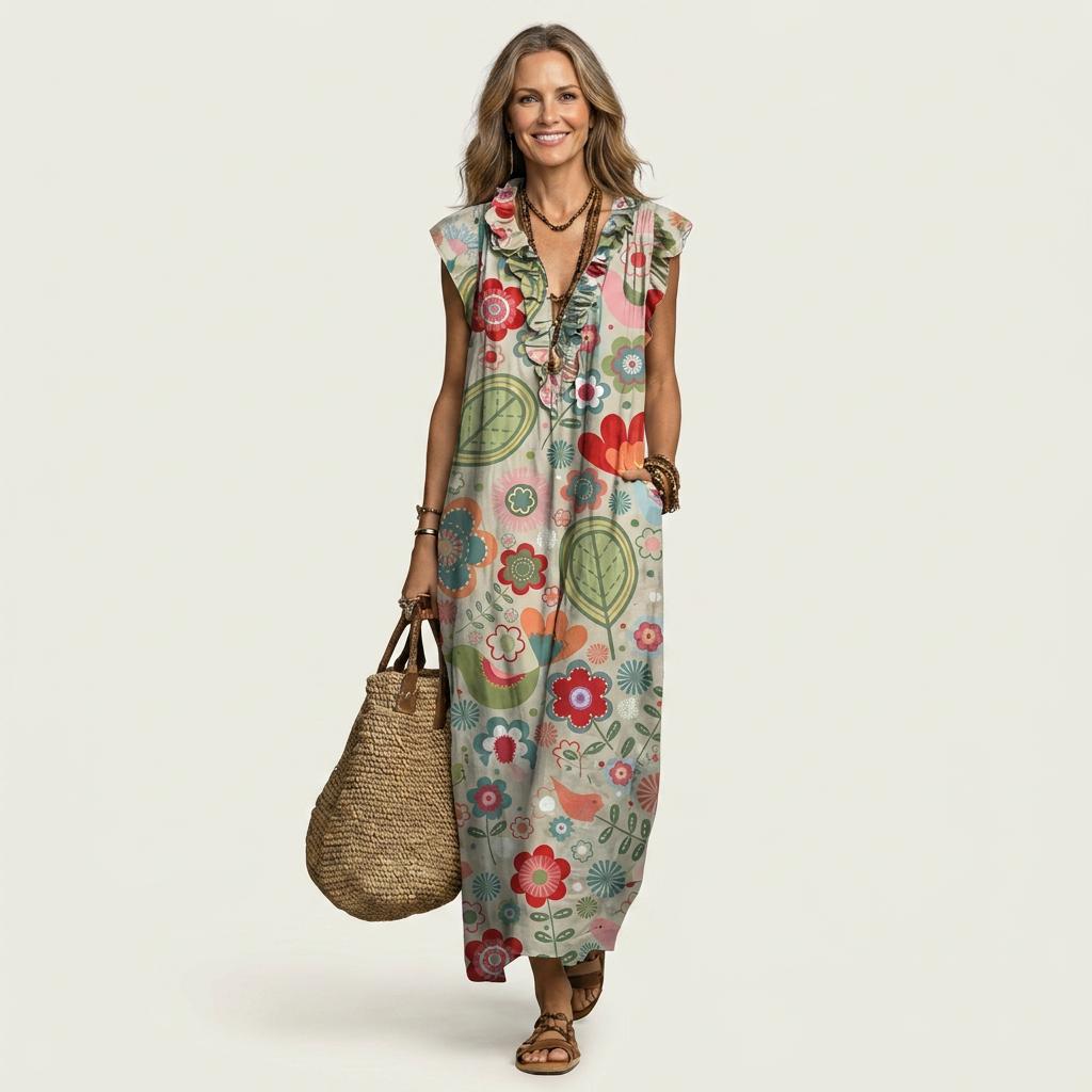 Marcelina | Ruffle V-Neck Linen Maxi Dress
