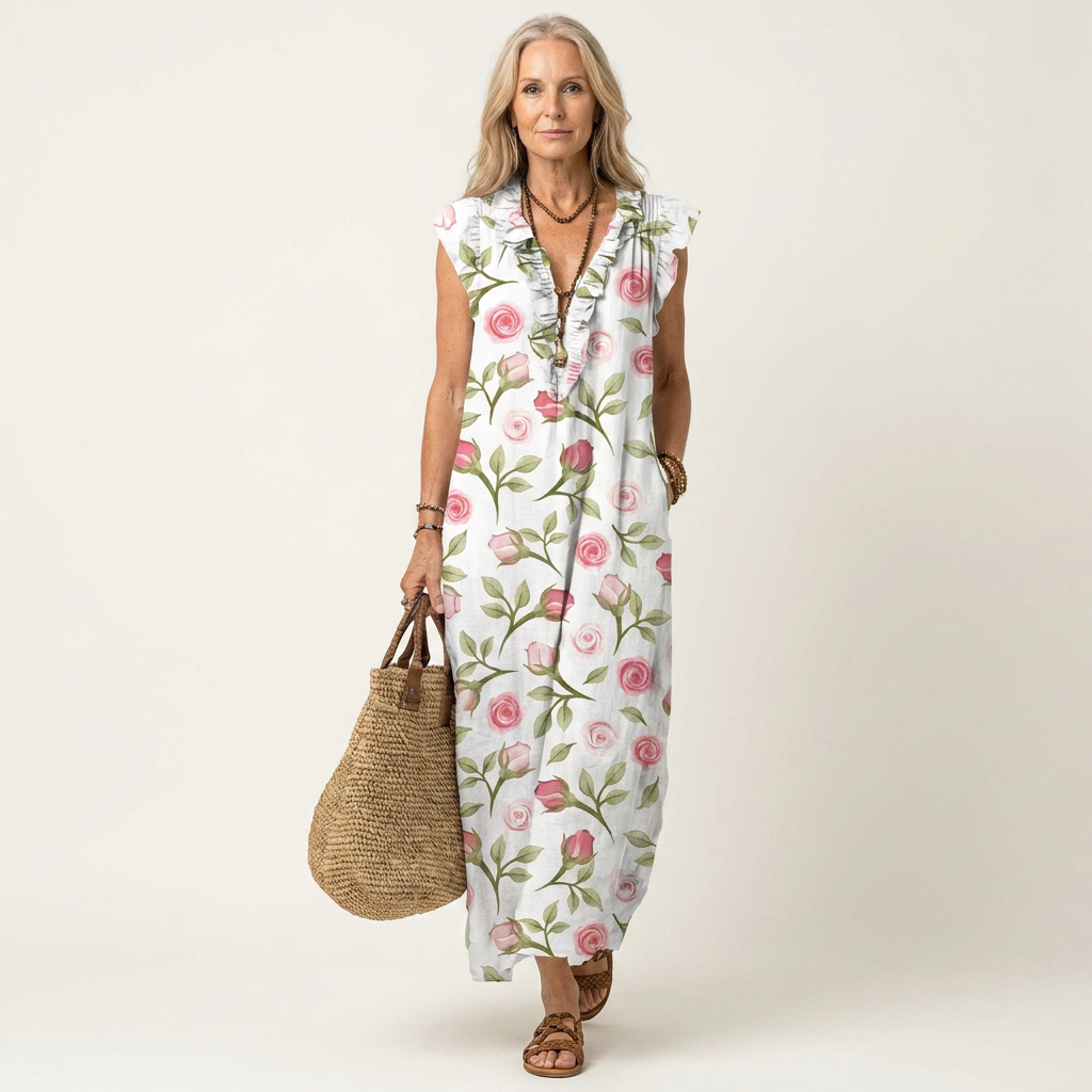 Darian | Ruffle V-Neck Linen Maxi Dress