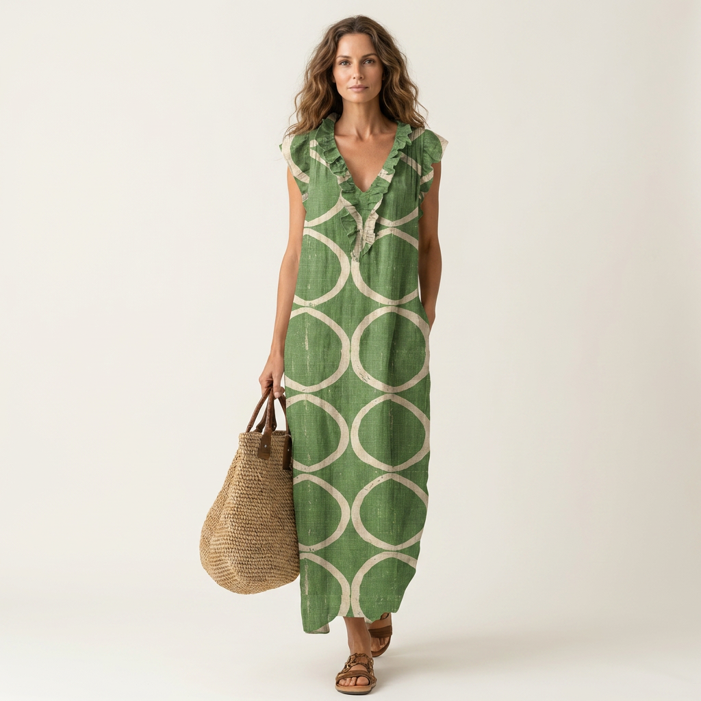 Soraya | Ruffle V-Neck Linen Maxi Dress