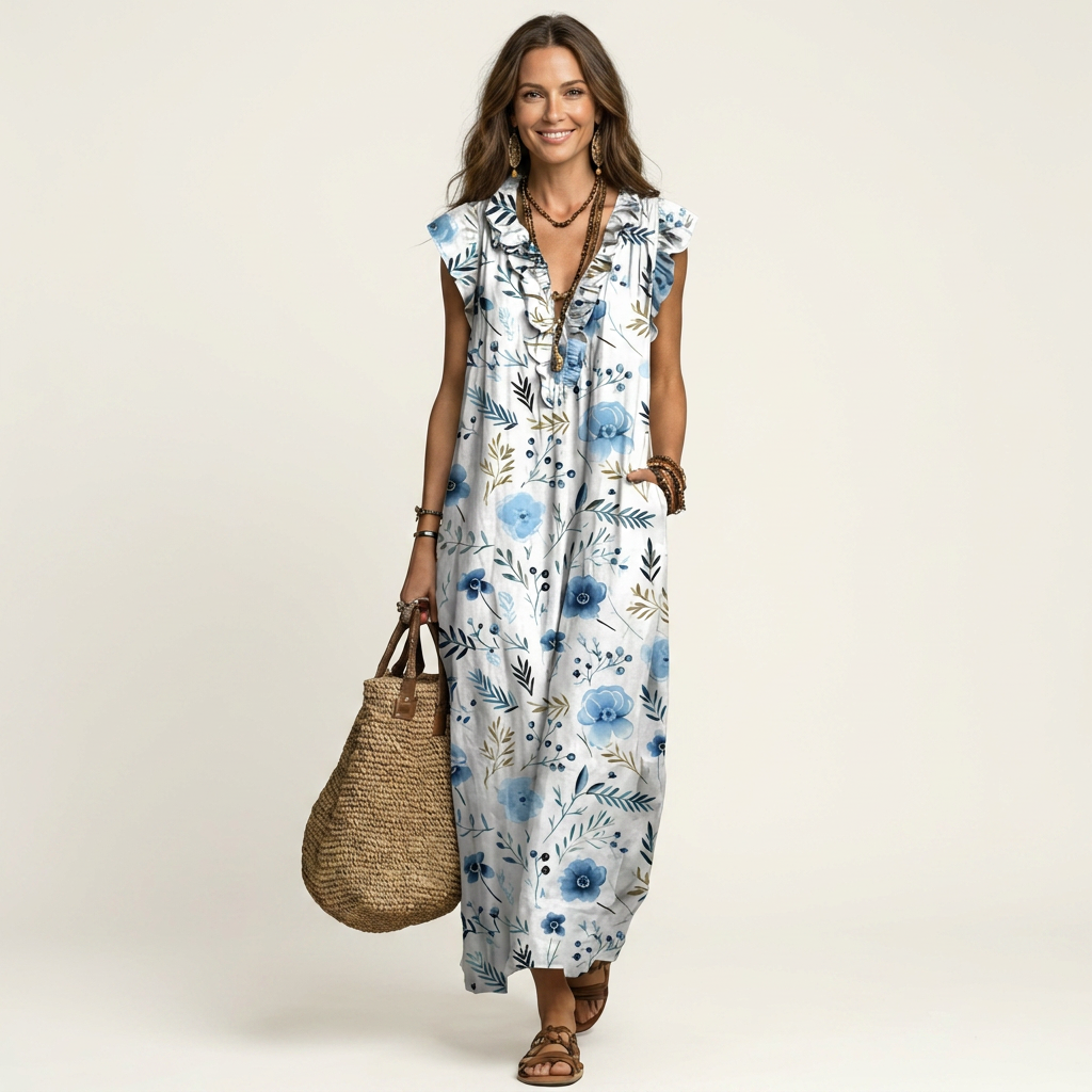 Galina | Ruffle V-Neck Linen Maxi Dress
