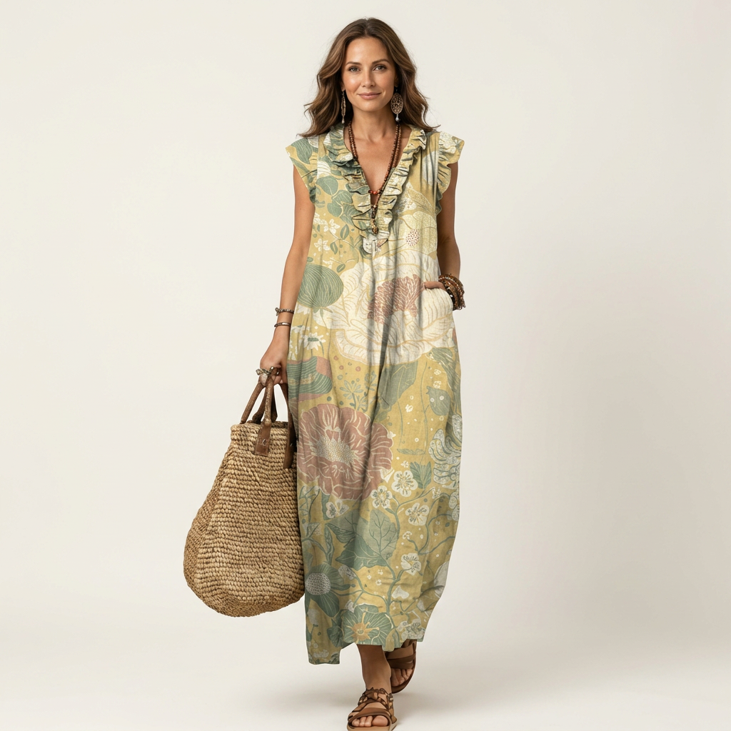 Eudora | Ruffle V-Neck Linen Maxi Dress