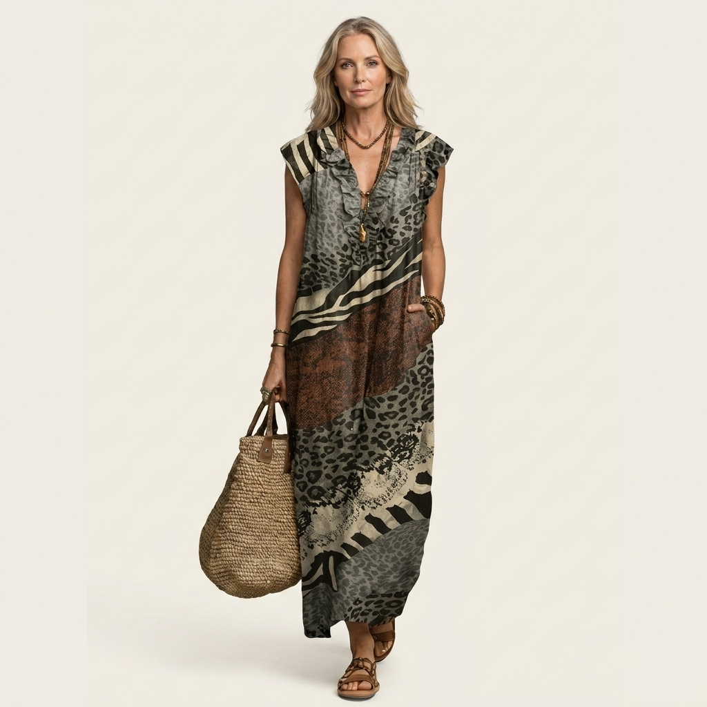 Lumina | Ruffle V-Neck Linen Maxi Dress