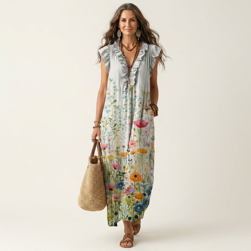 Magnolia | Ruffle V-Neck Linen Maxi Dress