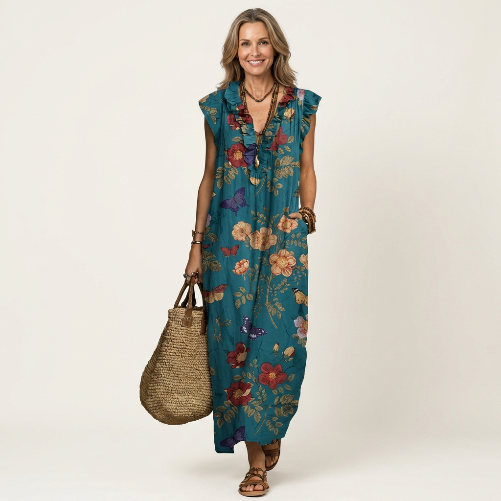 Violetta | Ruffle V-Neck Linen Maxi Dress
