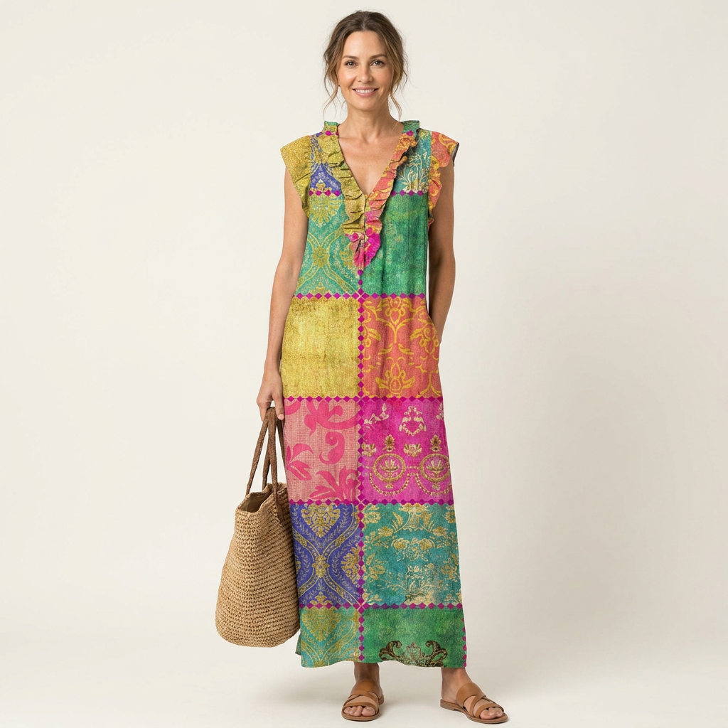 Lucinda | Ruffle V-Neck Linen Maxi Dress