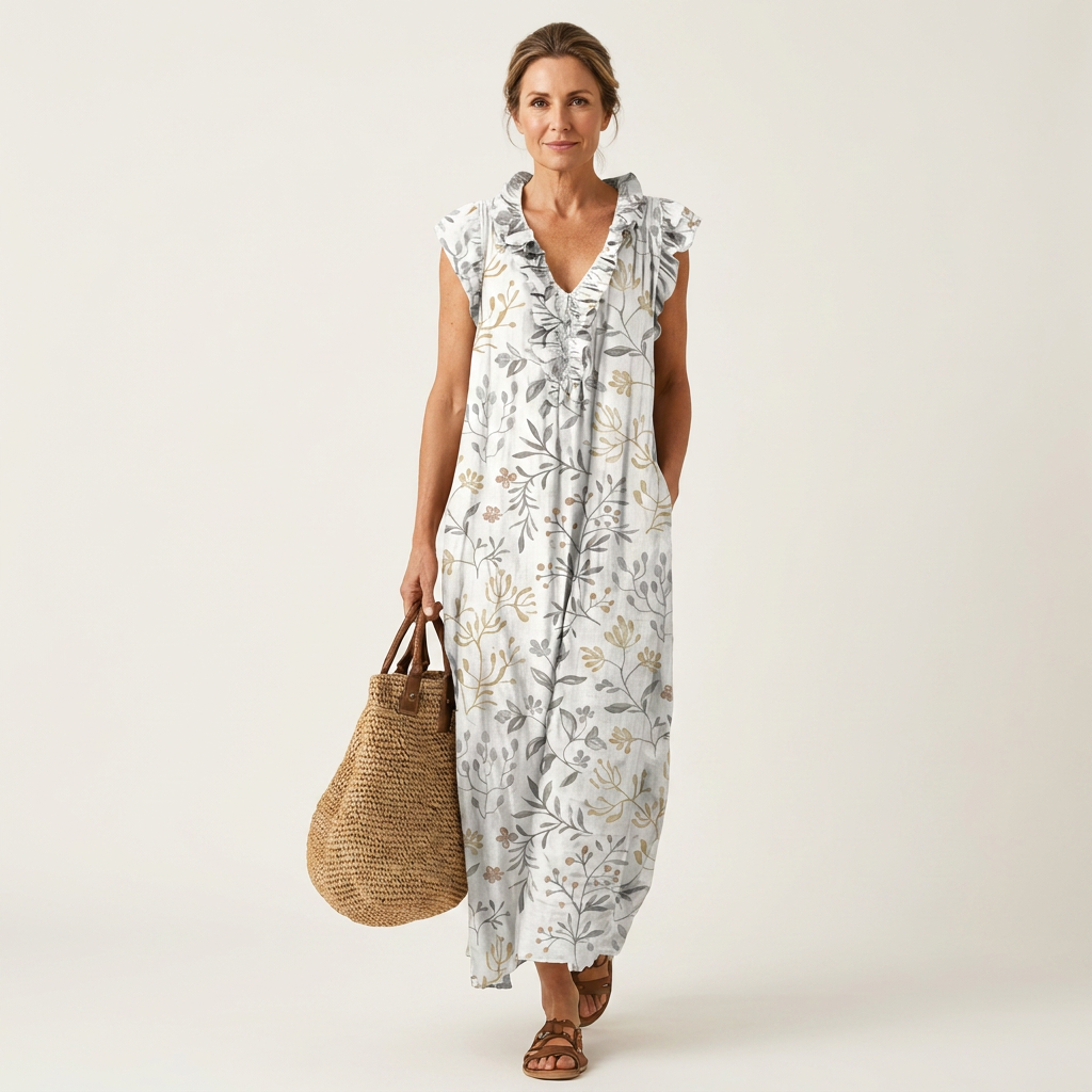 Yasmina | Ruffle V-Neck Linen Maxi Dress
