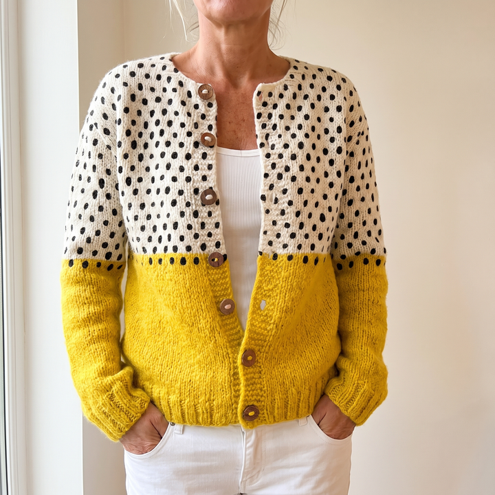 Junella | Two-Tone Polka Dot Knit Cardigan