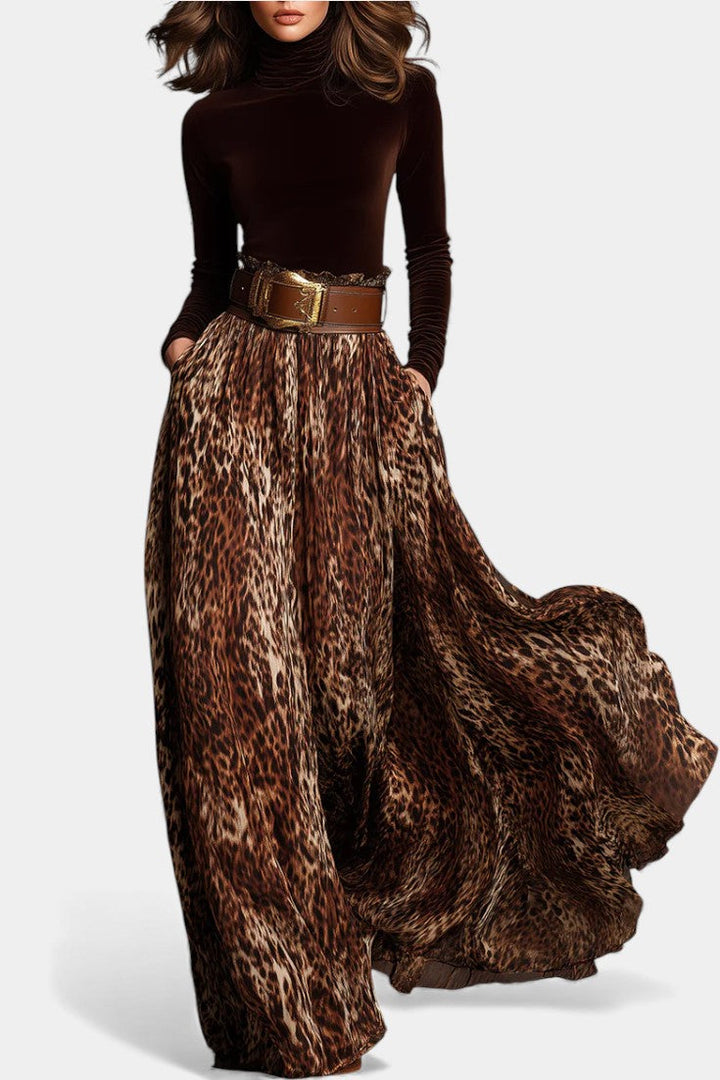 Chic Velvet Turtleneck Ensemble with Sophisticated Leopard Print Skirt