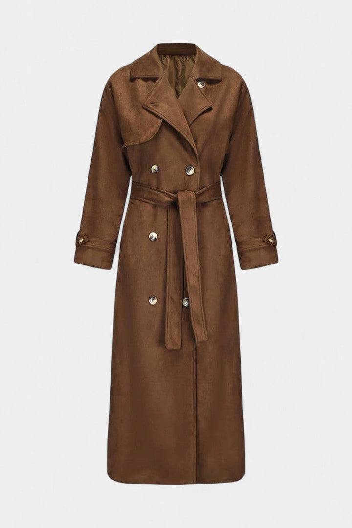 Leelie Adjustable Belted Maxi Trench Coat in Synthetic Suede