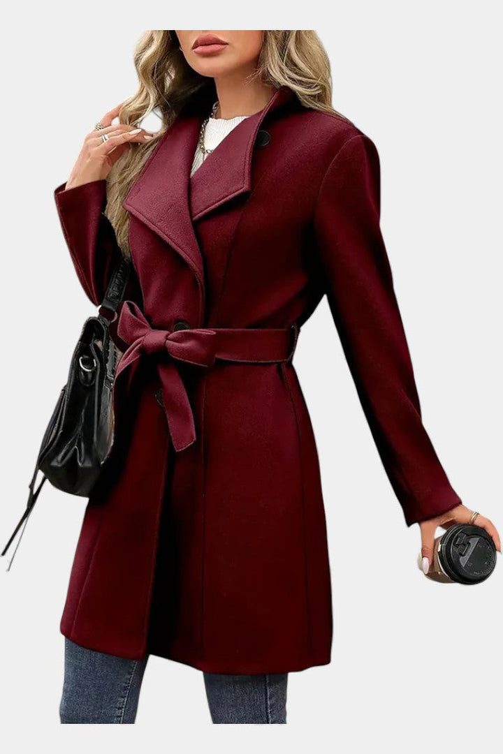 Yuliana Long Button-Up Coat with Adjustable Waist Tie