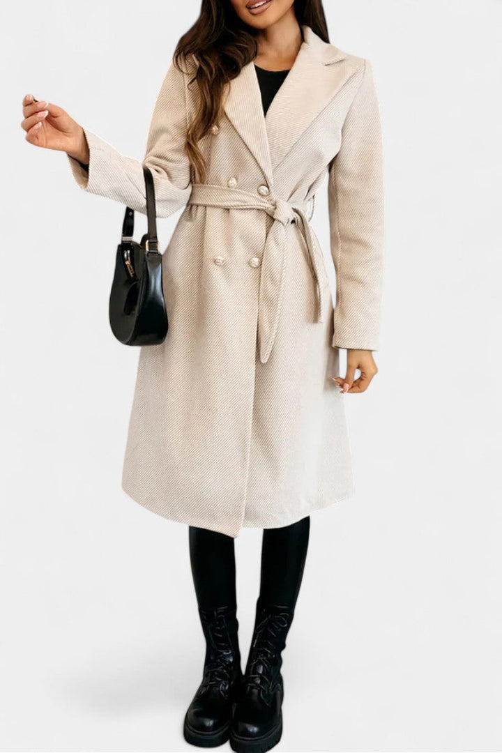 Miguelle Double-Breasted Coat Featuring a Tie Belt