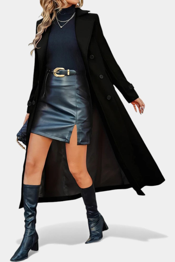 Naïssa Long Double-Breasted Coat with Notched Lapels