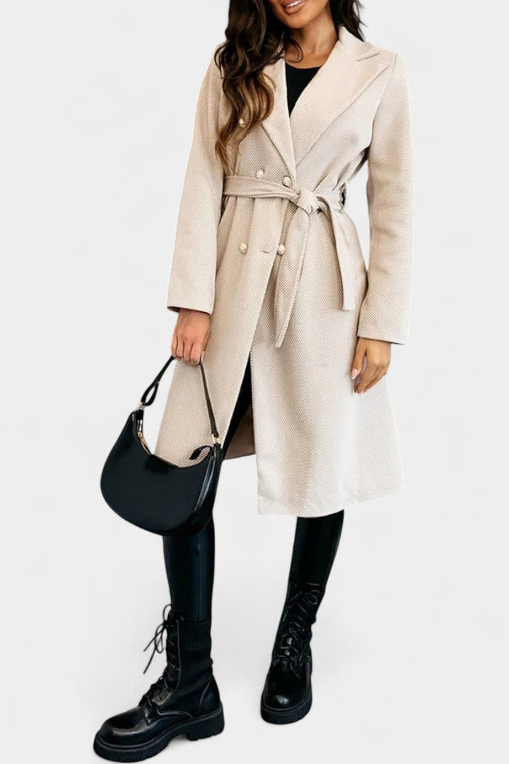 Miguelle Double-Breasted Coat Featuring a Tie Belt