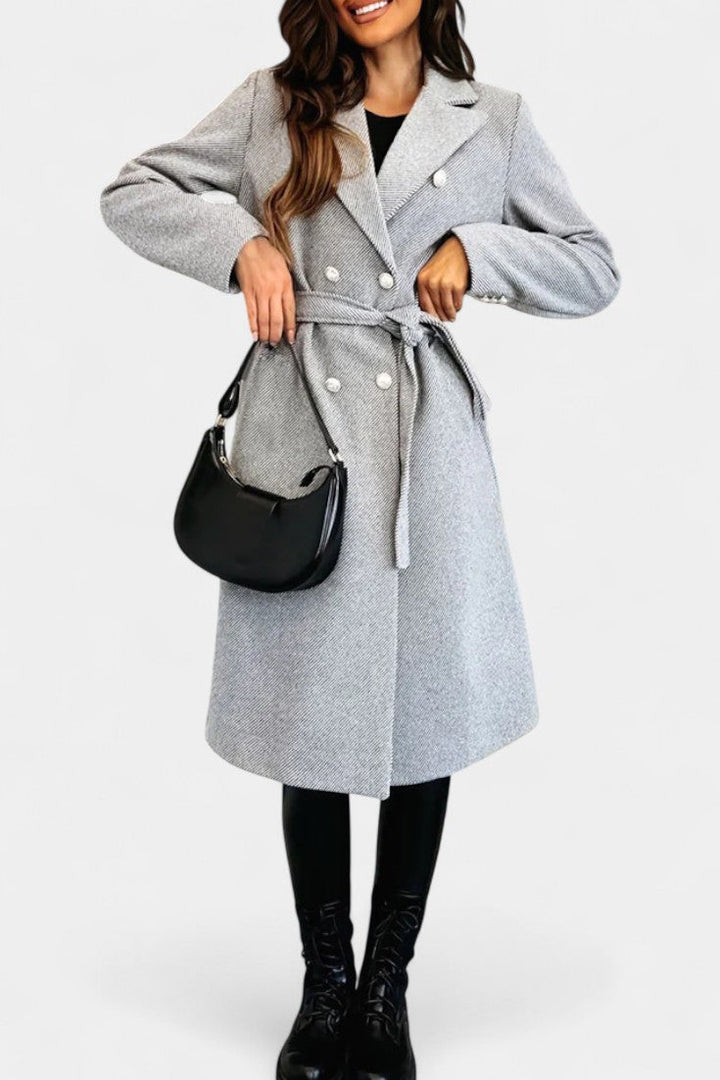 Miguelle Double-Breasted Coat Featuring a Tie Belt
