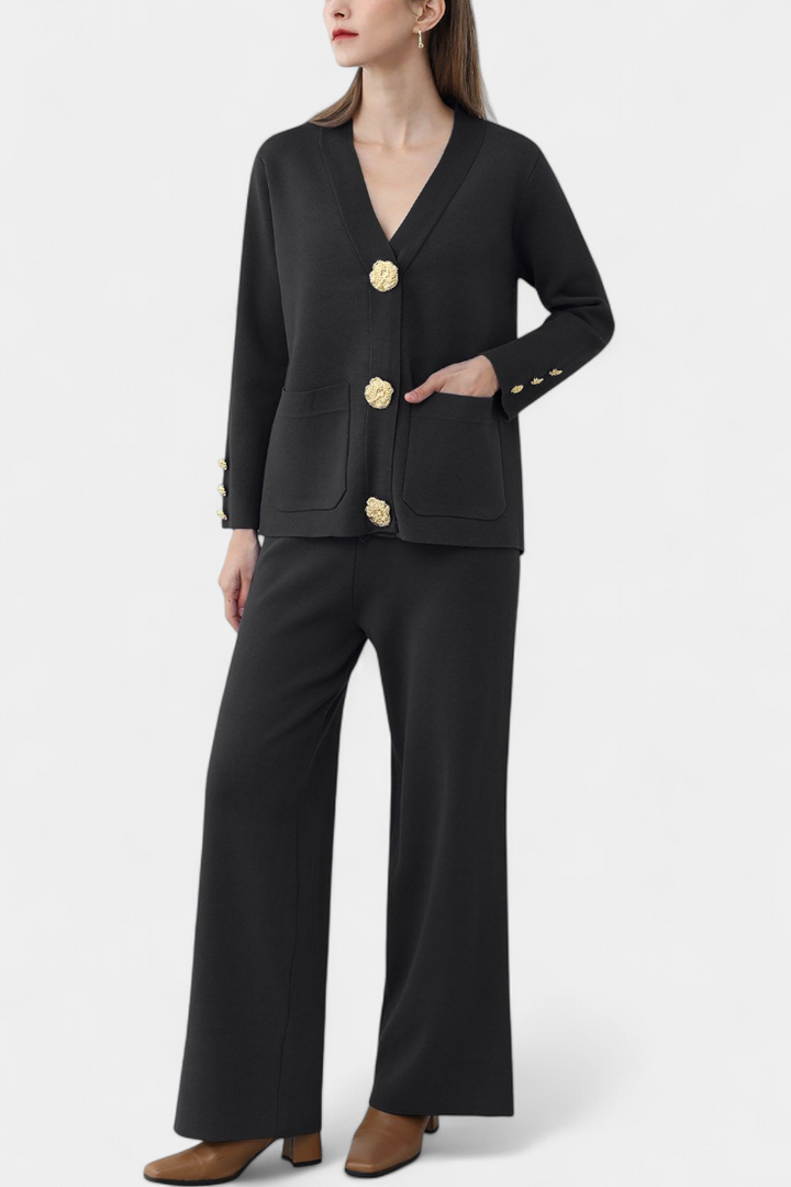 Aireen Classic Cardigan Set with Wide-Leg Trousers